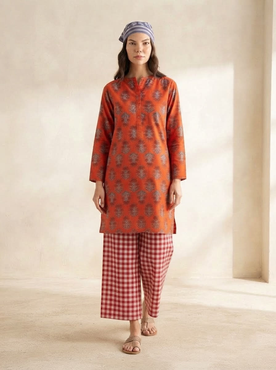 Vibrant Orange Floral & Gingham Check Premium Cotton Co-ord Set