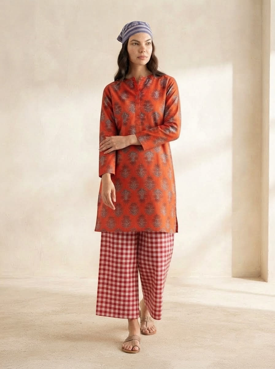 Vibrant Orange Floral & Gingham Check Premium Cotton Co-ord Set