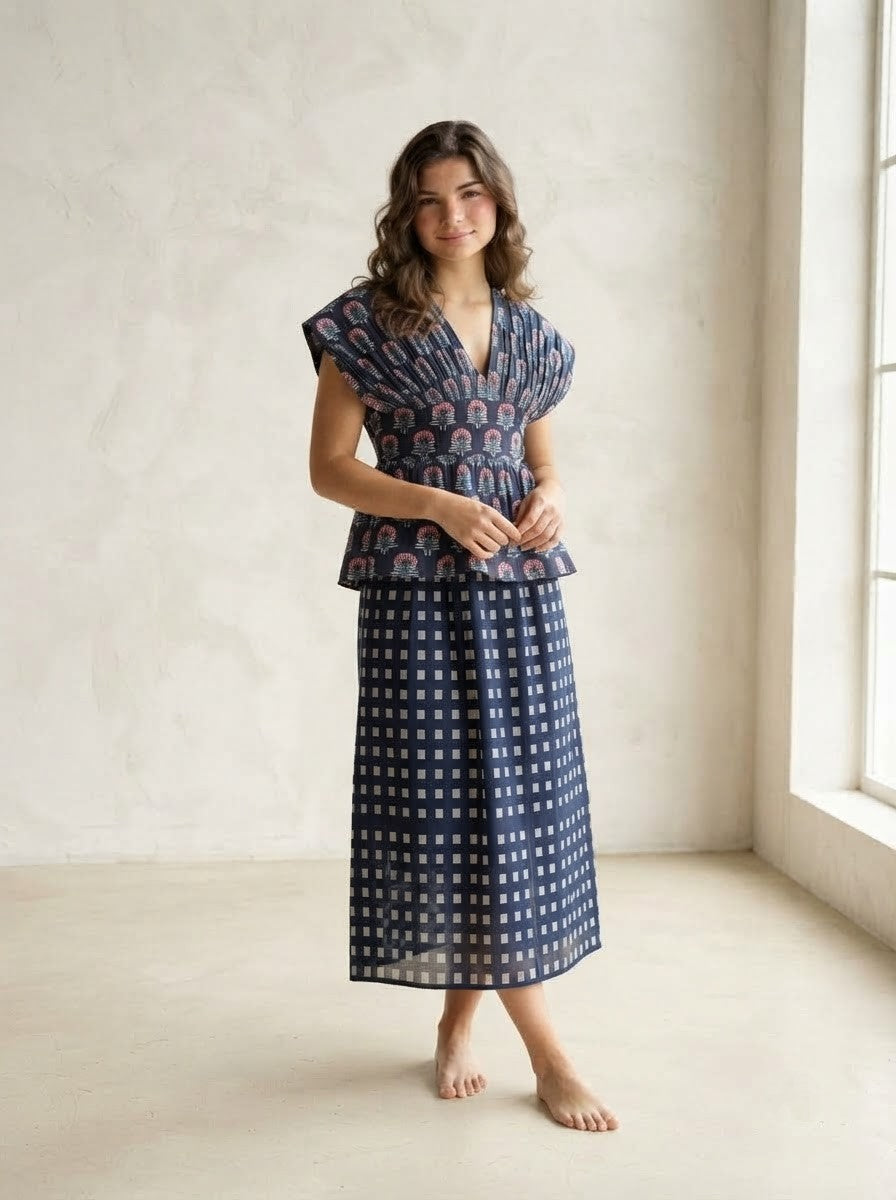Block Print Peplum & Checkered Premium Cotton Co-ord Set