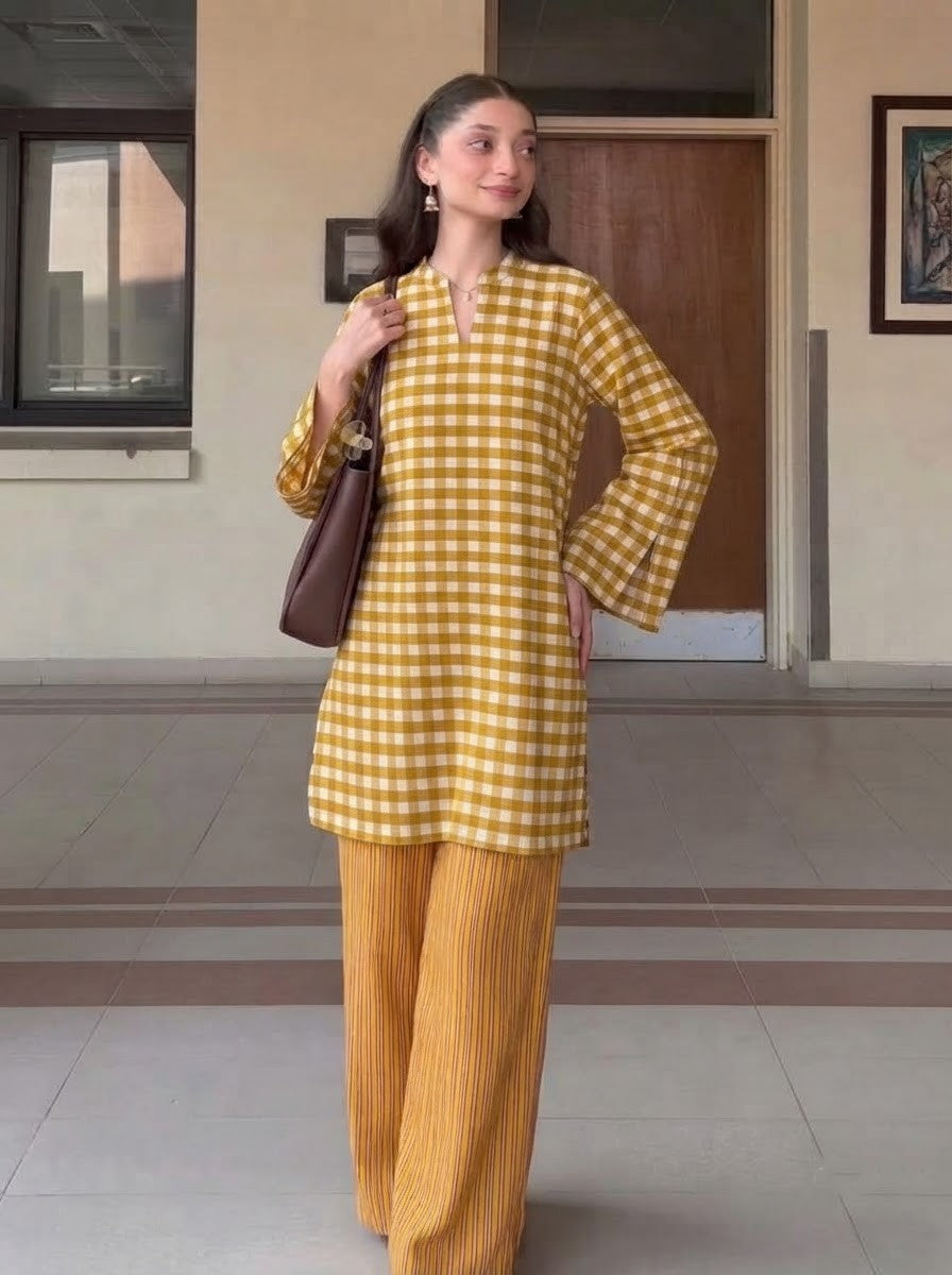 Mustard Gingham & Striped Premium Cotton Co-ord Set