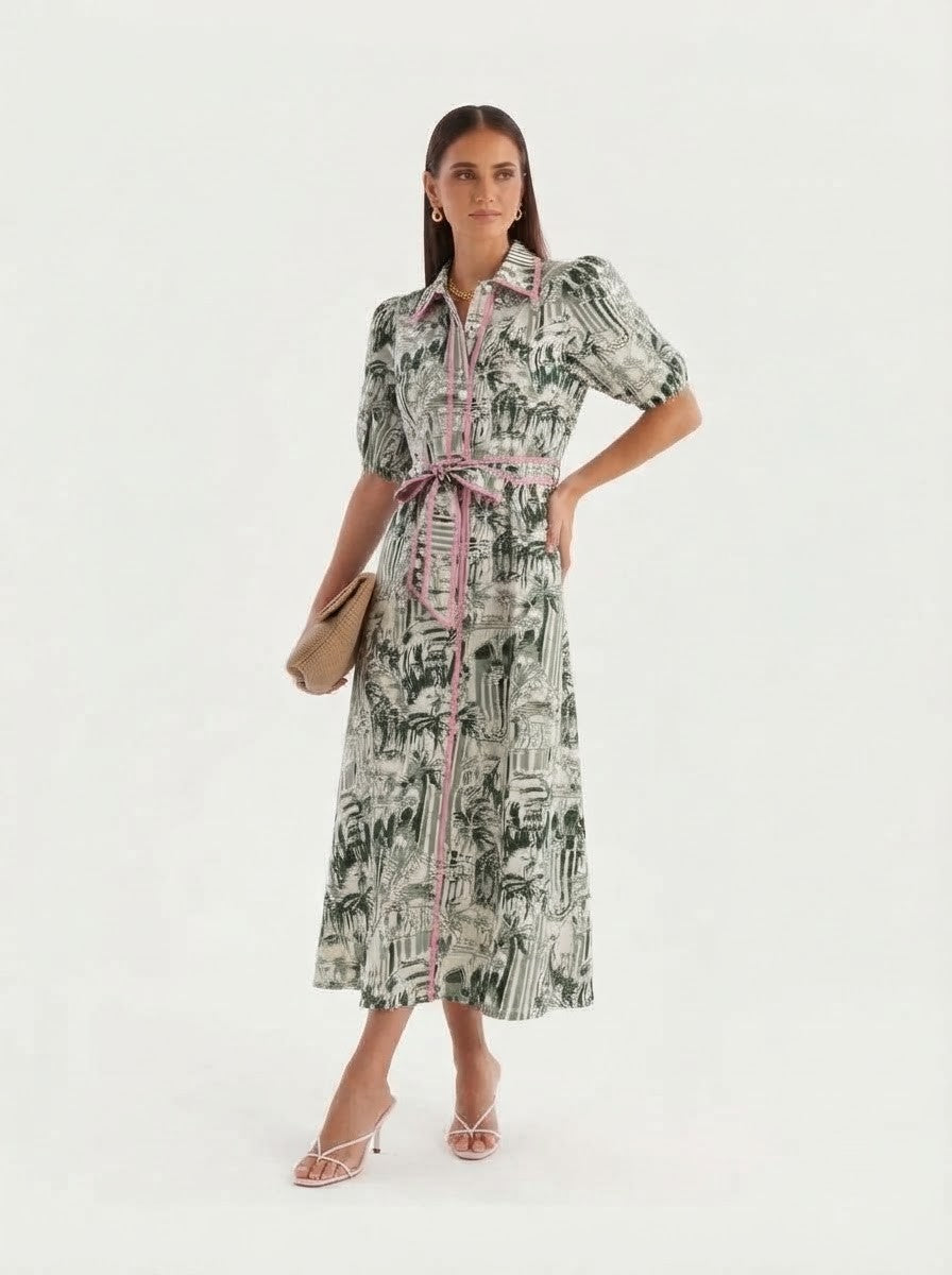 Toile Print Premium Cotton Shirt Dress with Pink Trim