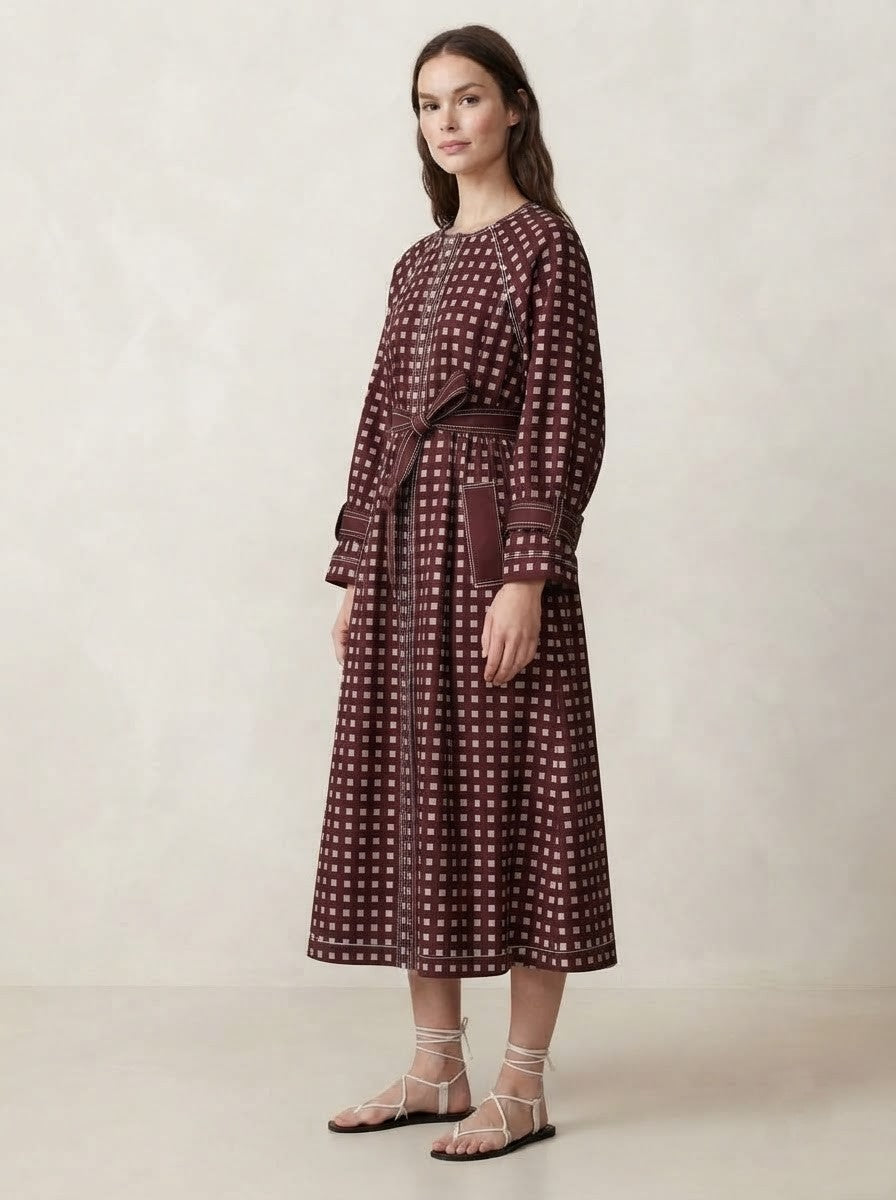 Maroon Checkered Premium Cotton Belted Dress