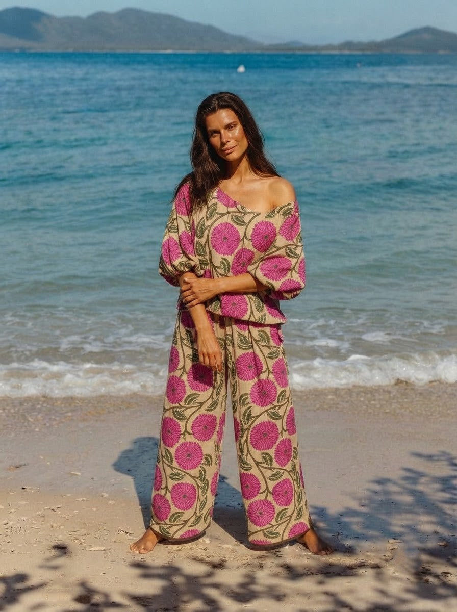 Beige & Pink Floral Premium Cotton Co-ord Set