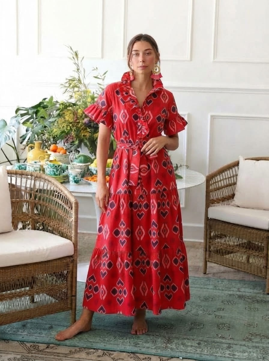 Red Geometric Print Premium Cotton Tiered Dress