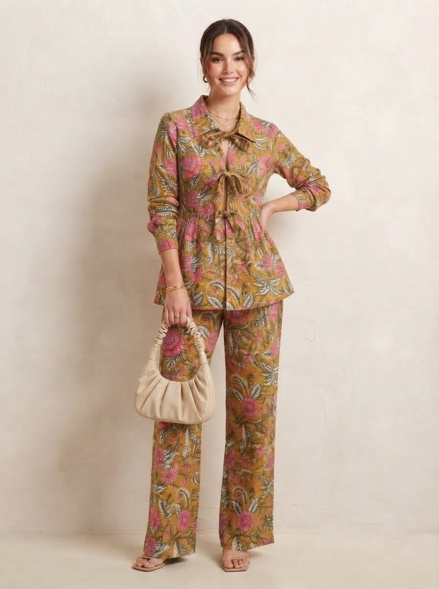 Mustard & Pink Floral Tie-Front Premium Cotton Co-ord Set