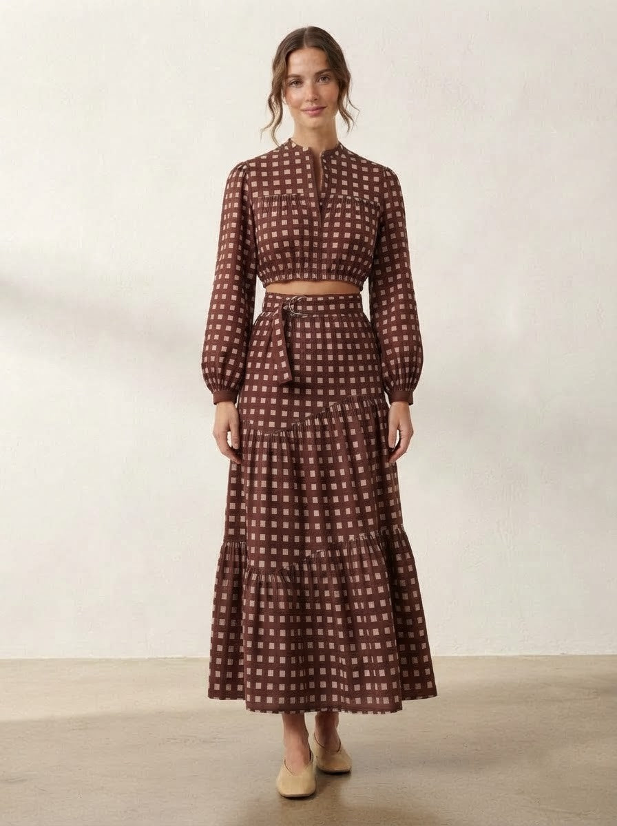 Maroon Checkered Premium Cotton Skirt Co-ord Set