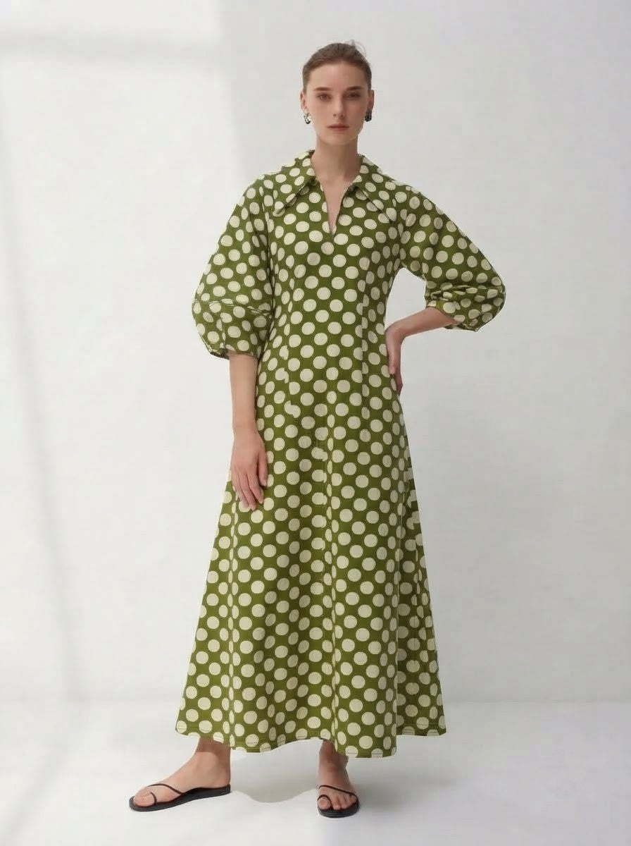 Olive Green Polka Dot Premium Cotton Maxi Dress