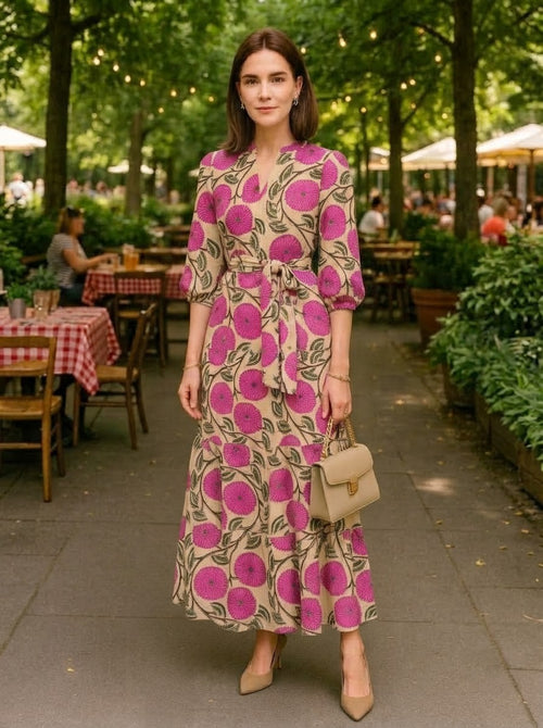 Beige & Pink Floral Premium Cotton Tiered Dress