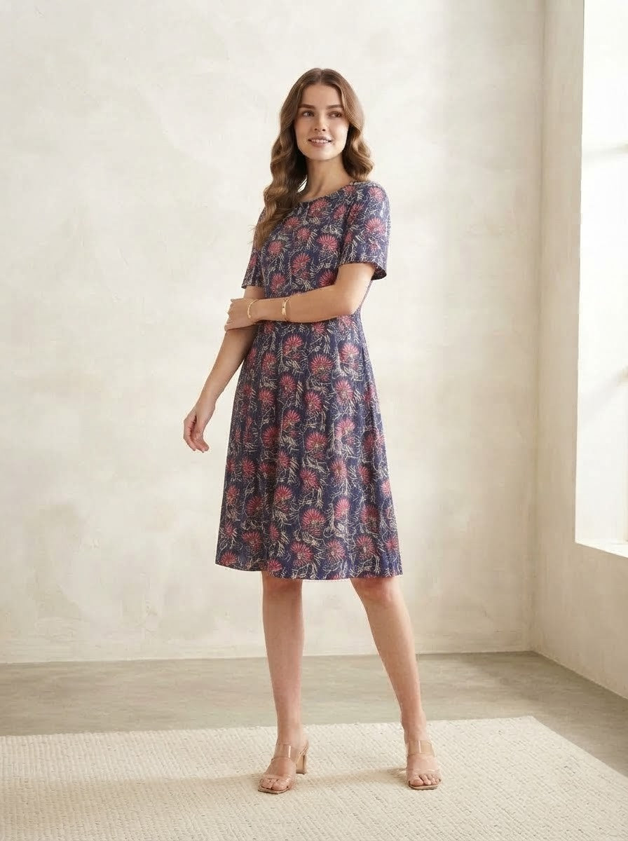 Navy Blue & Pink Floral Premium Cotton Fit & Flare Dress