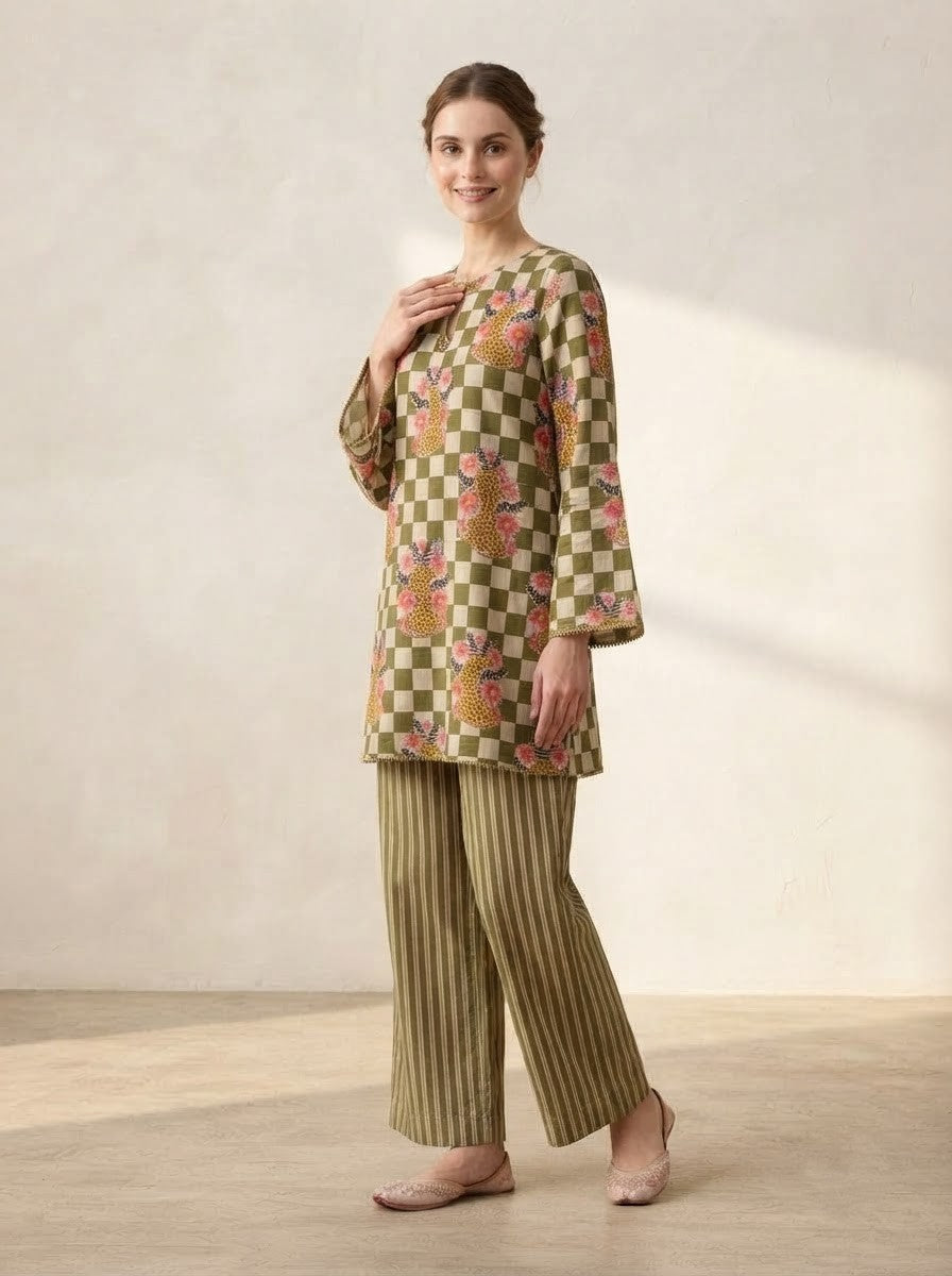 Olive Green Checkerboard & Striped Premium Cotton Co-ord Set