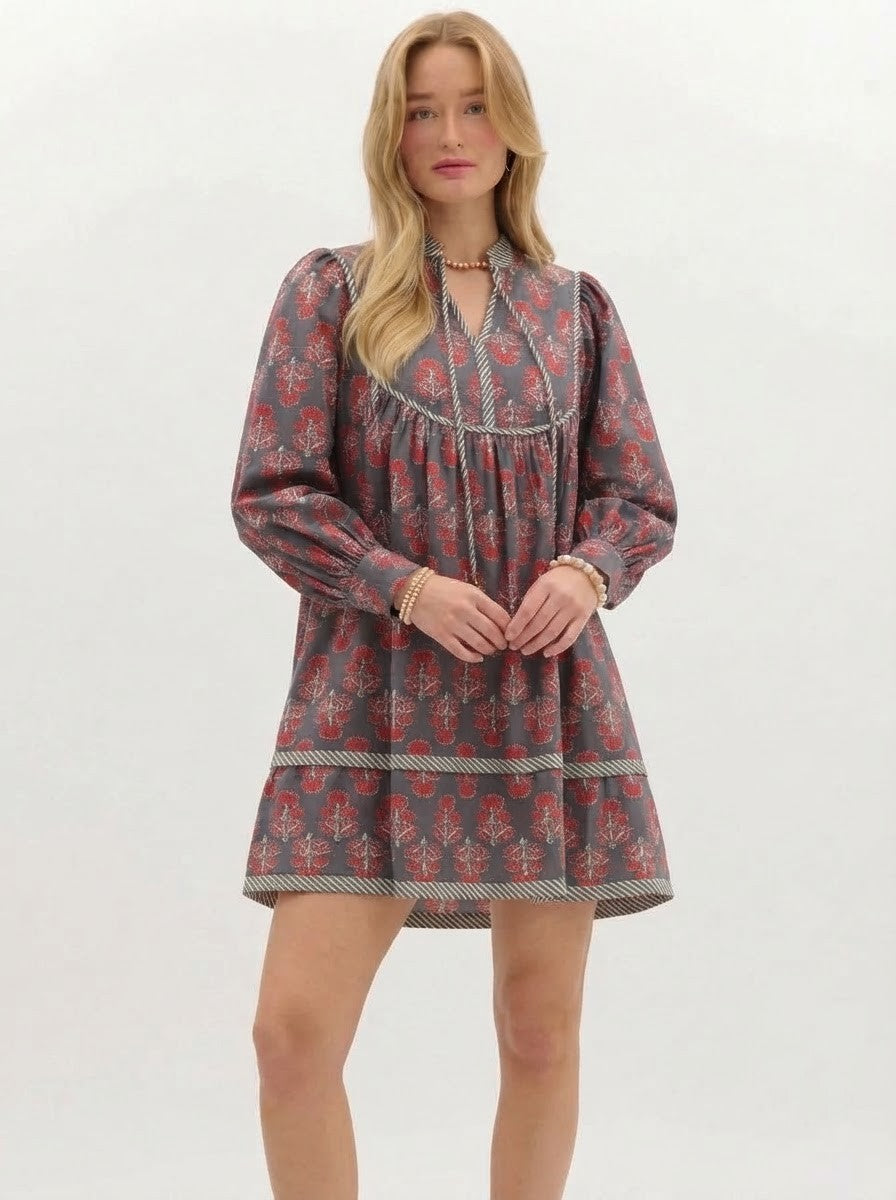 Charcoal & Red Floral Premium Cotton Smock Dress
