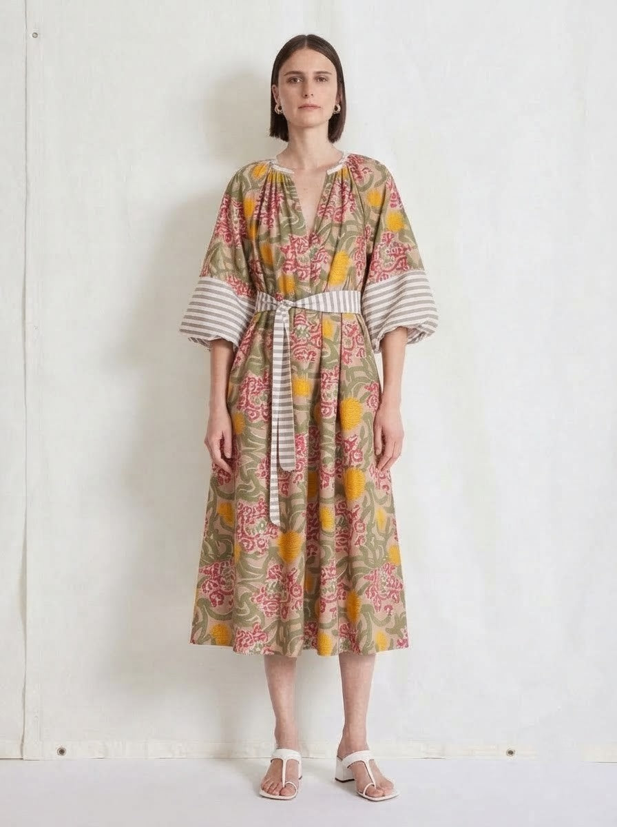 Olive & Yellow Floral Mixed-Print Premium Cotton Dress