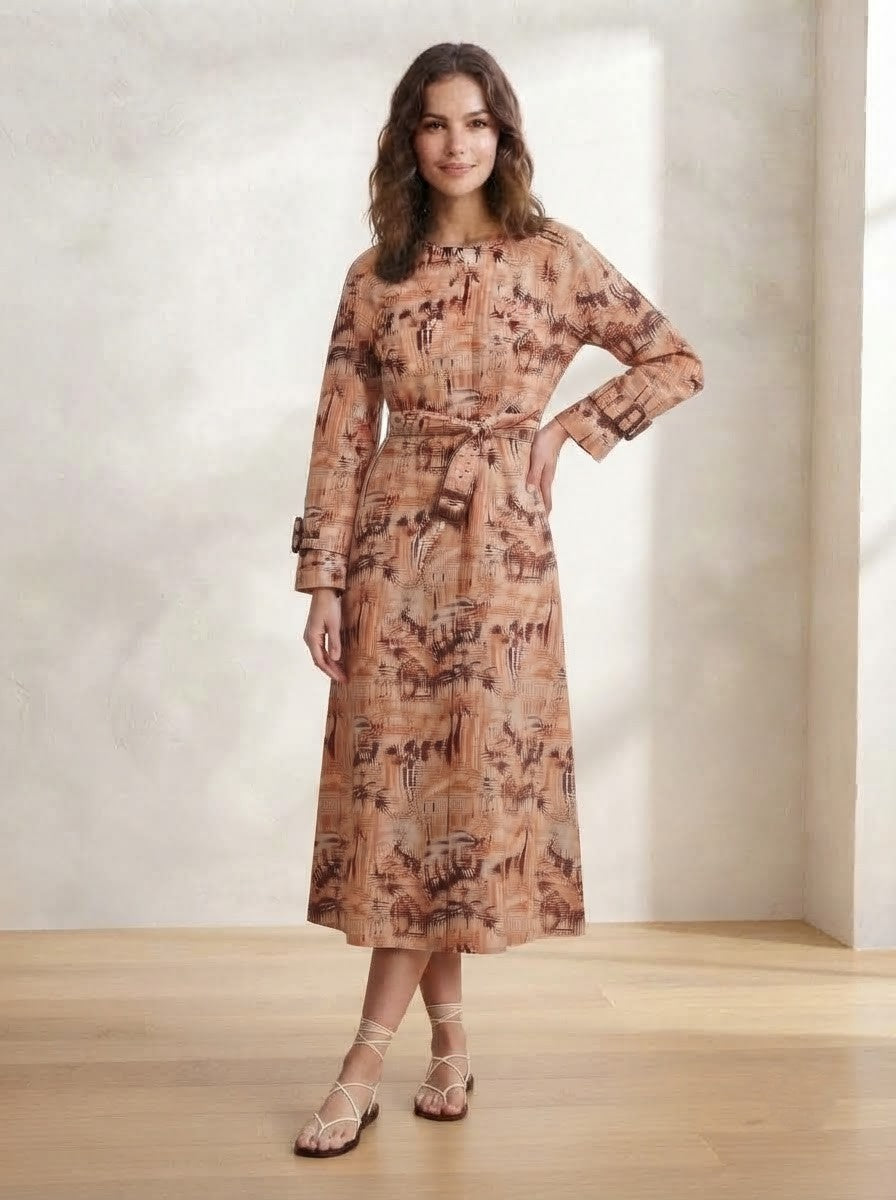 Peach & Maroon Toile Print Premium Cotton Belted Dress