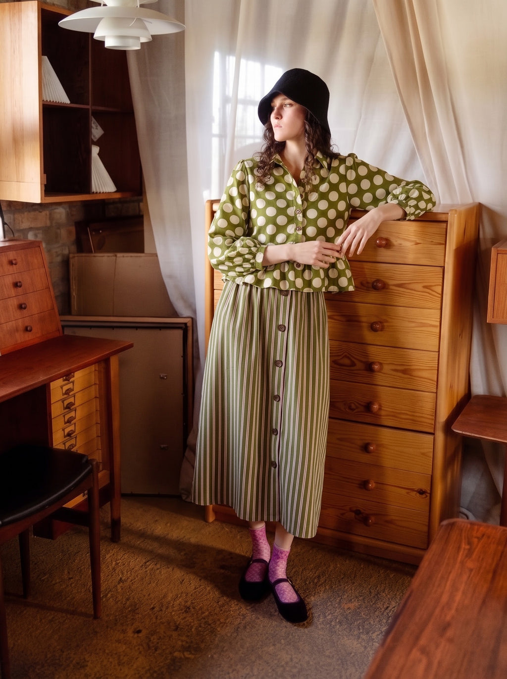 Olive Polka Dot Top & Striped Skirt Set