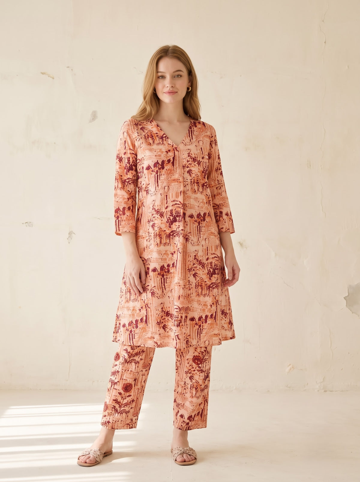Peach Abstract Floral Printed Co-Ord Set