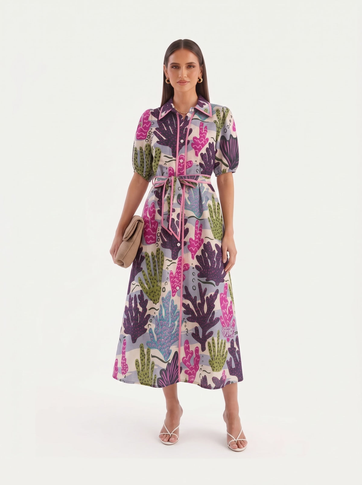 Multicolor Coral Printed Shirt Style Midi Dress