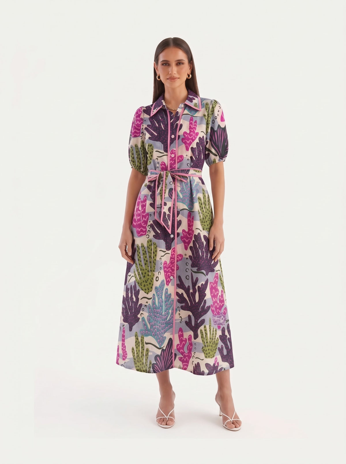 Multicolor Coral Printed Shirt Style Midi Dress