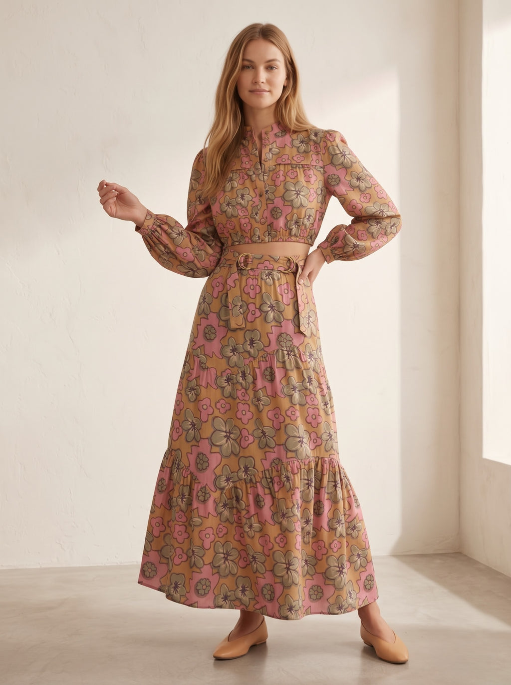 Beige & Pink Floral Printed Top & Skirt Set