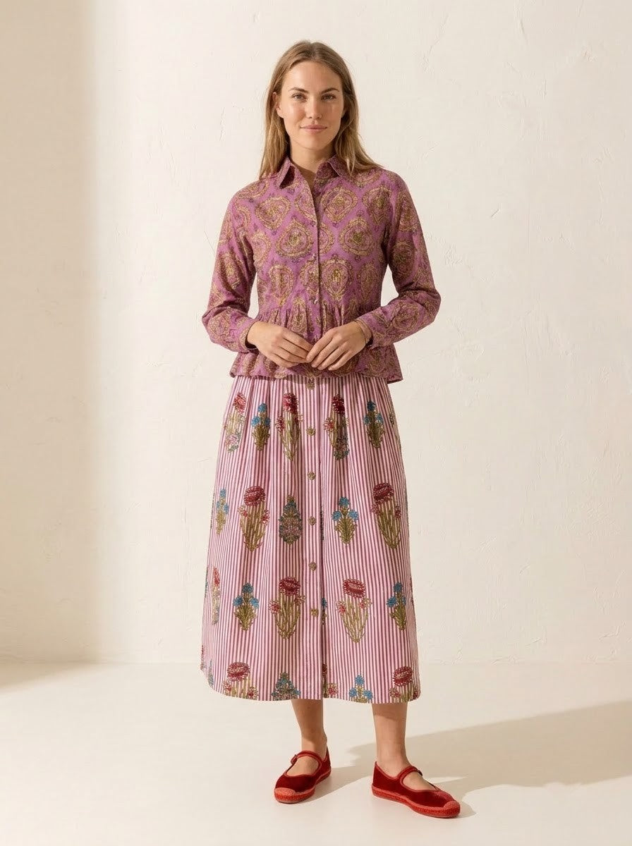 Purple Block Printed Shirt & Floral Striped Skirt Set