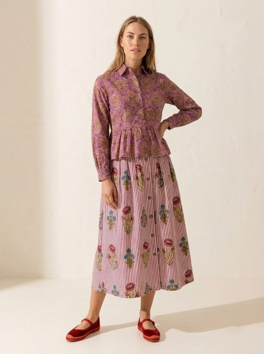 Purple Block Printed Shirt & Floral Striped Skirt Set