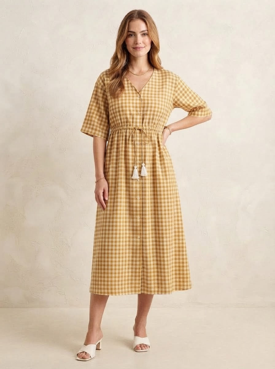 Mustard Yellow Gingham Checked Midi Dress