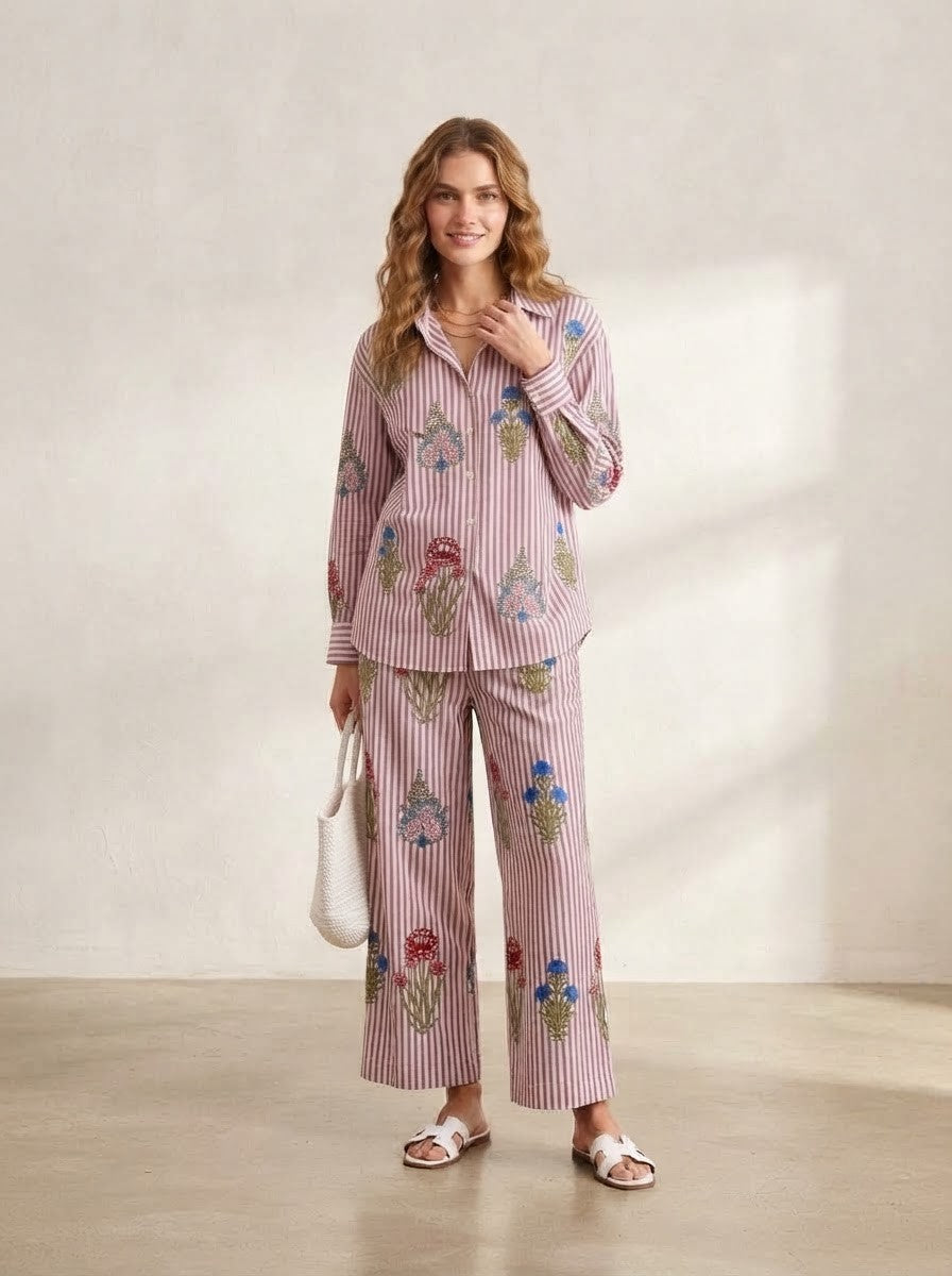 Pink & Maroon Striped Floral Co-Ord Set