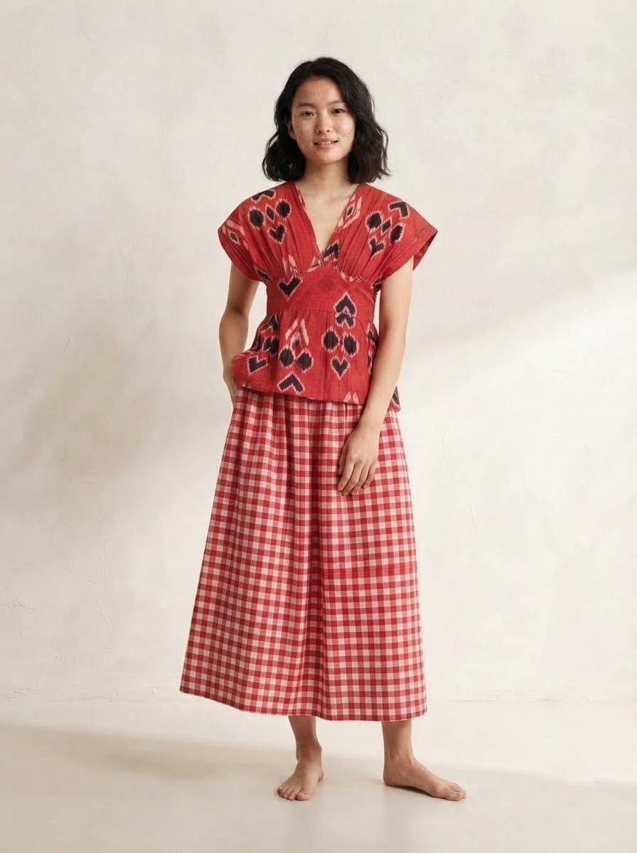 Red Geometric Peplum & Gingham Skirt Premium Cotton Co-ord Set