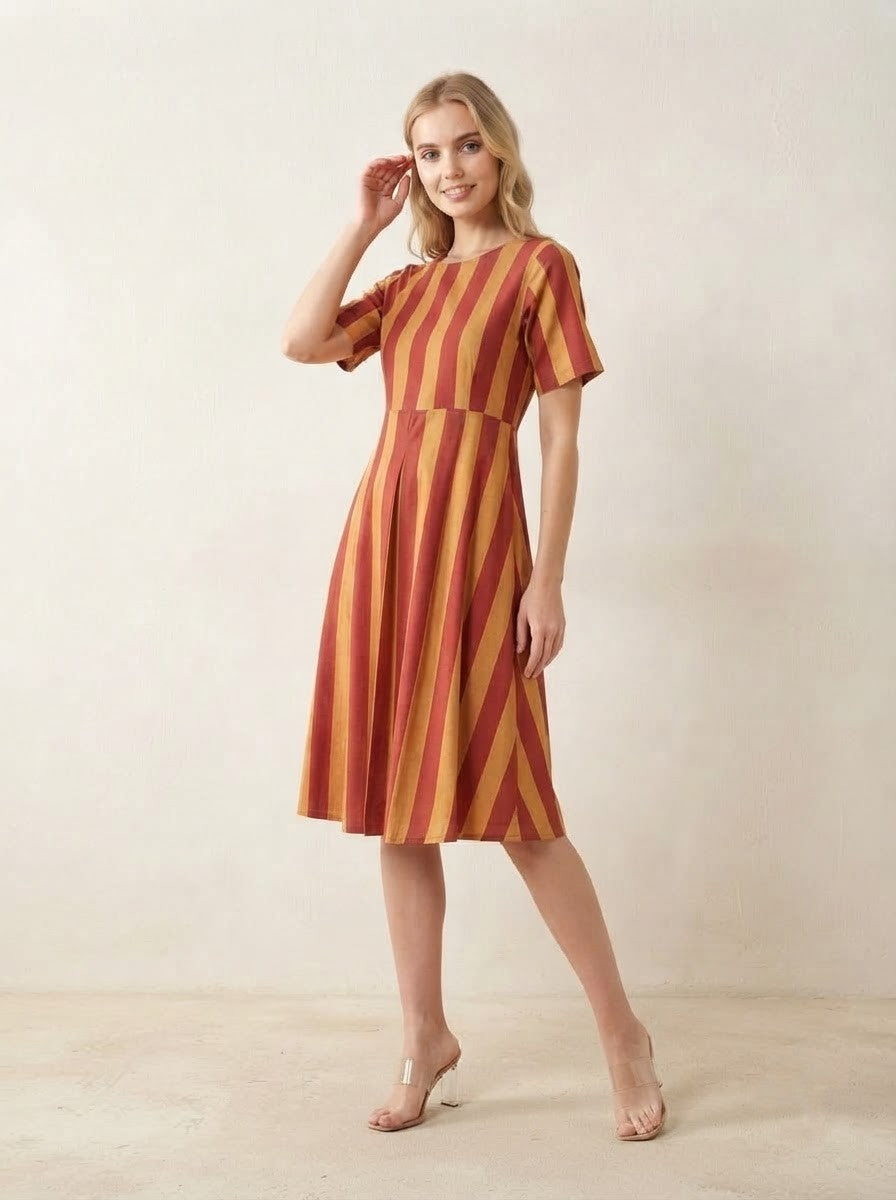Maroon & Mustard Striped Premium Cotton Fit & Flare Dress
