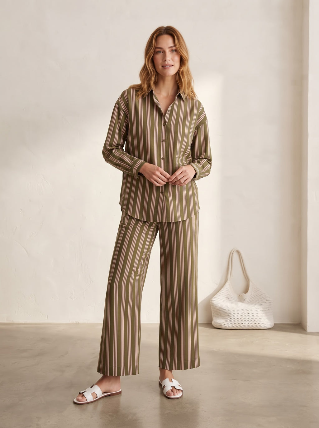 Olive Green & Pink Striped Co-Ord Set