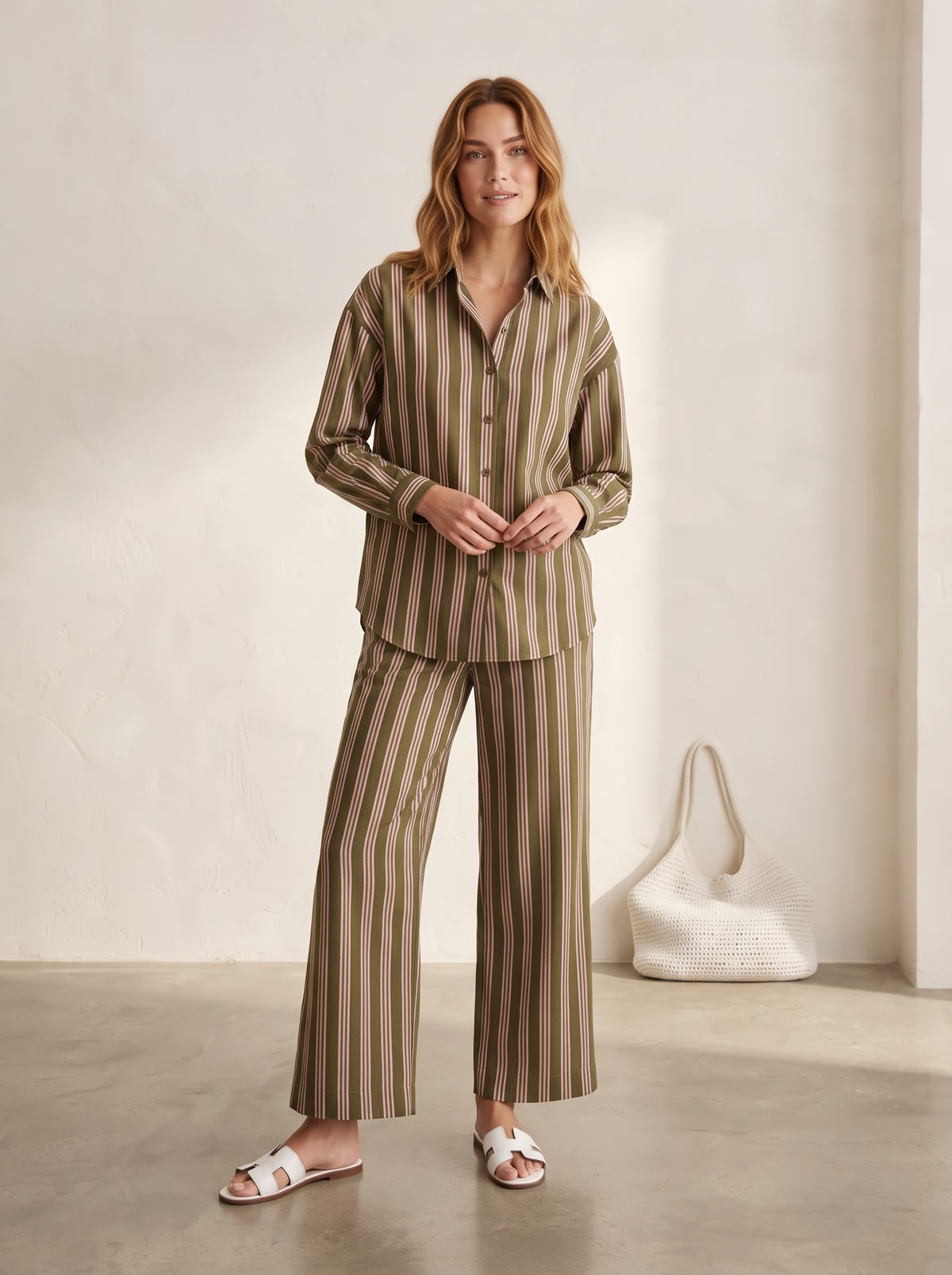 Olive Green & Pink Striped Co-Ord Set