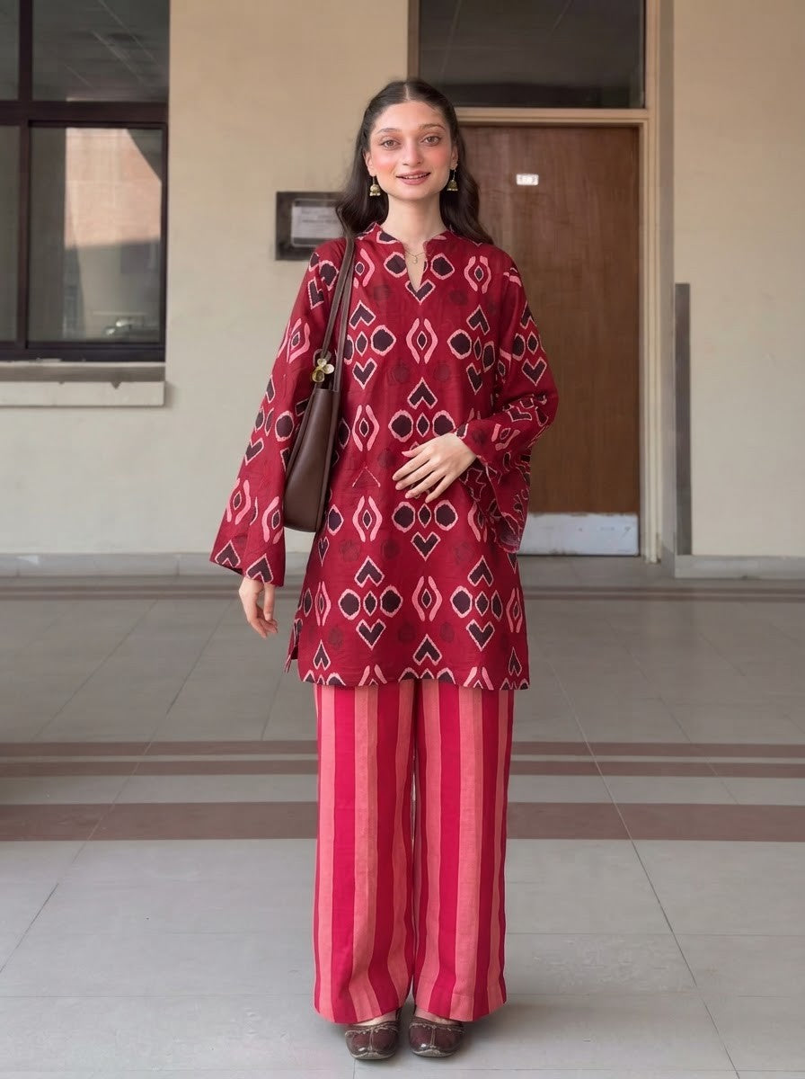 Maroon Geometric & Striped Premium Cotton Co-ord Set