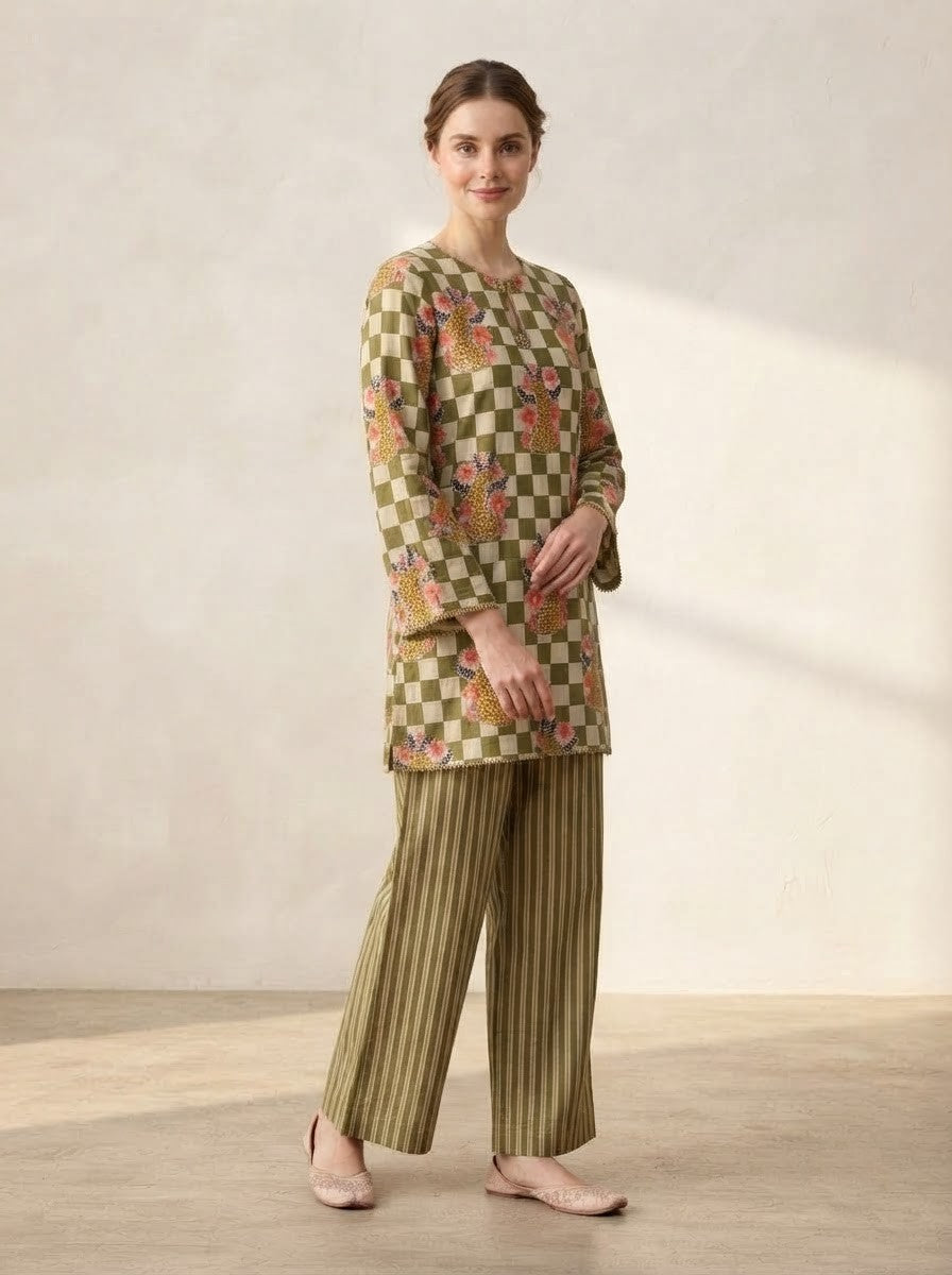 Olive Green Checkerboard & Striped Premium Cotton Co-ord Set