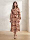 Peach & Maroon Toile Print Premium Cotton Belted Dress