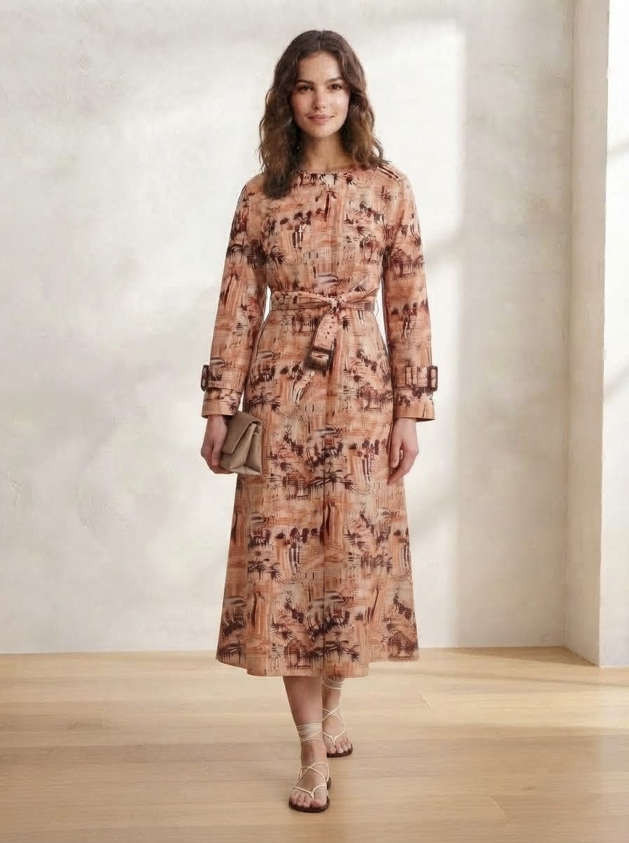 Peach & Maroon Toile Print Premium Cotton Belted Dress
