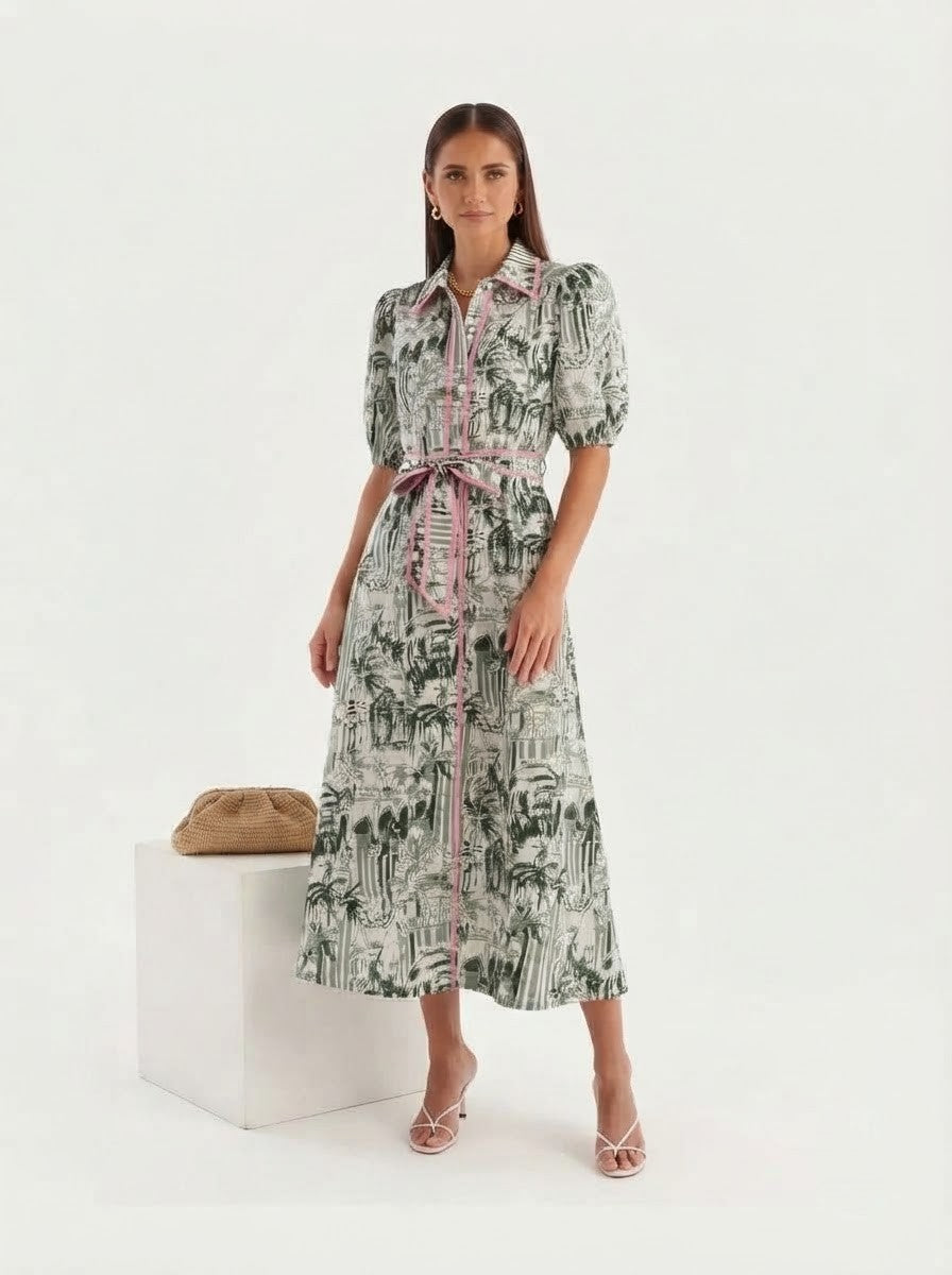 Toile Print Premium Cotton Shirt Dress with Pink Trim