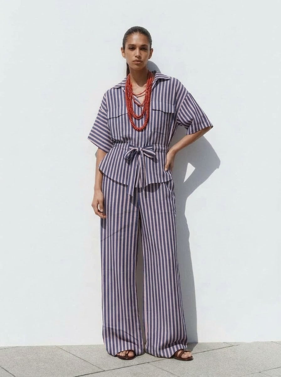 Blue & Pink Vertical Striped Belted Co-Ord Set