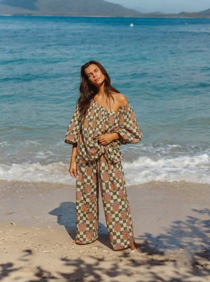 Olive Green Checkered Printed Co-Ord Set