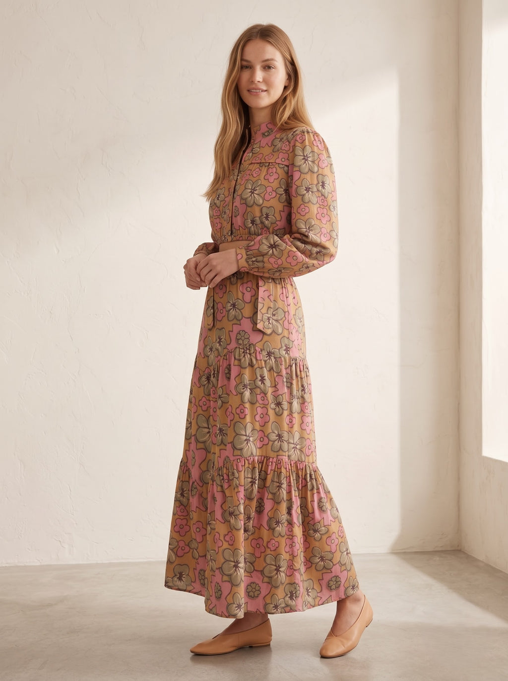 Beige & Pink Floral Printed Top & Skirt Set