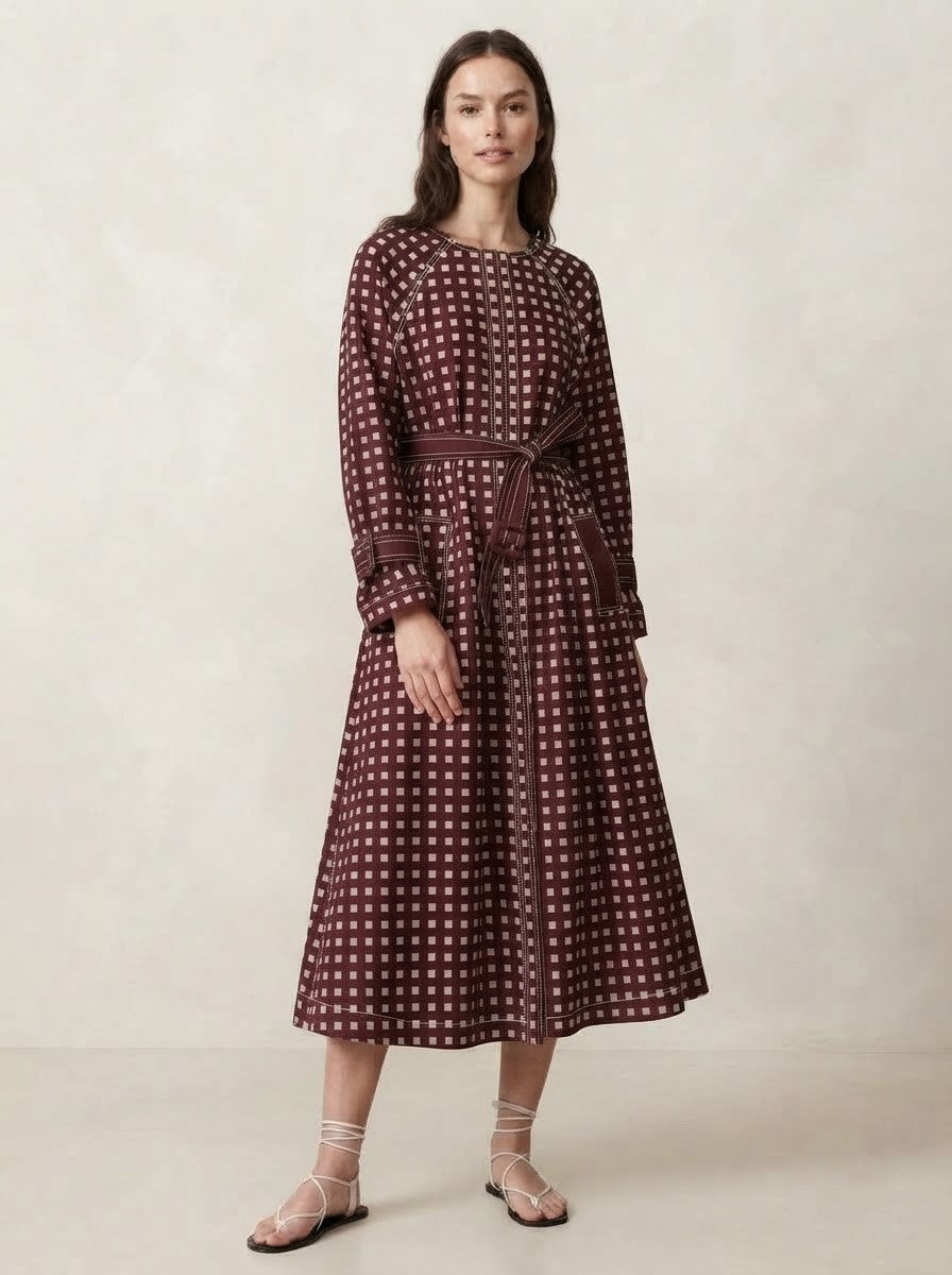Maroon Checkered Premium Cotton Belted Dress