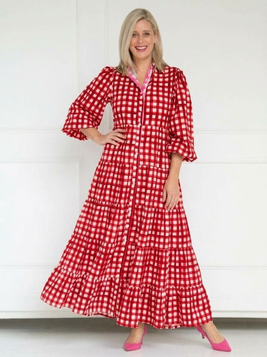 Red & White Gingham Checked Shirt Maxi Dress