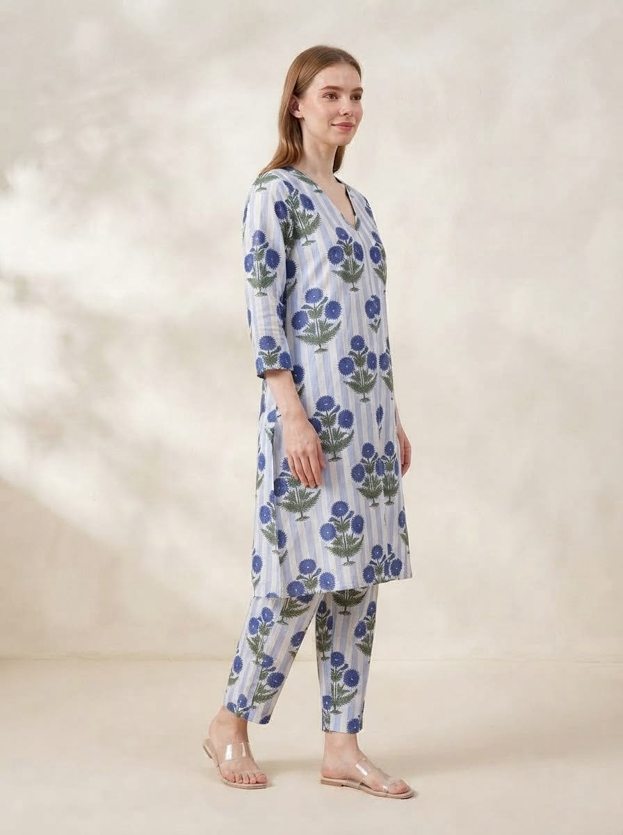 White & Blue Striped Floral Printed Co-Ord Set