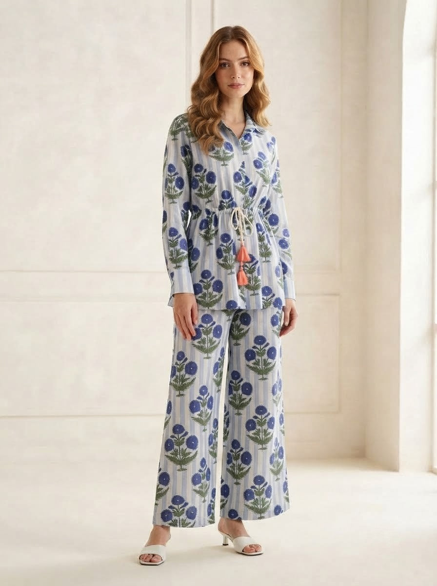 Blue Striped Floral Block Printed Co-Ord Set
