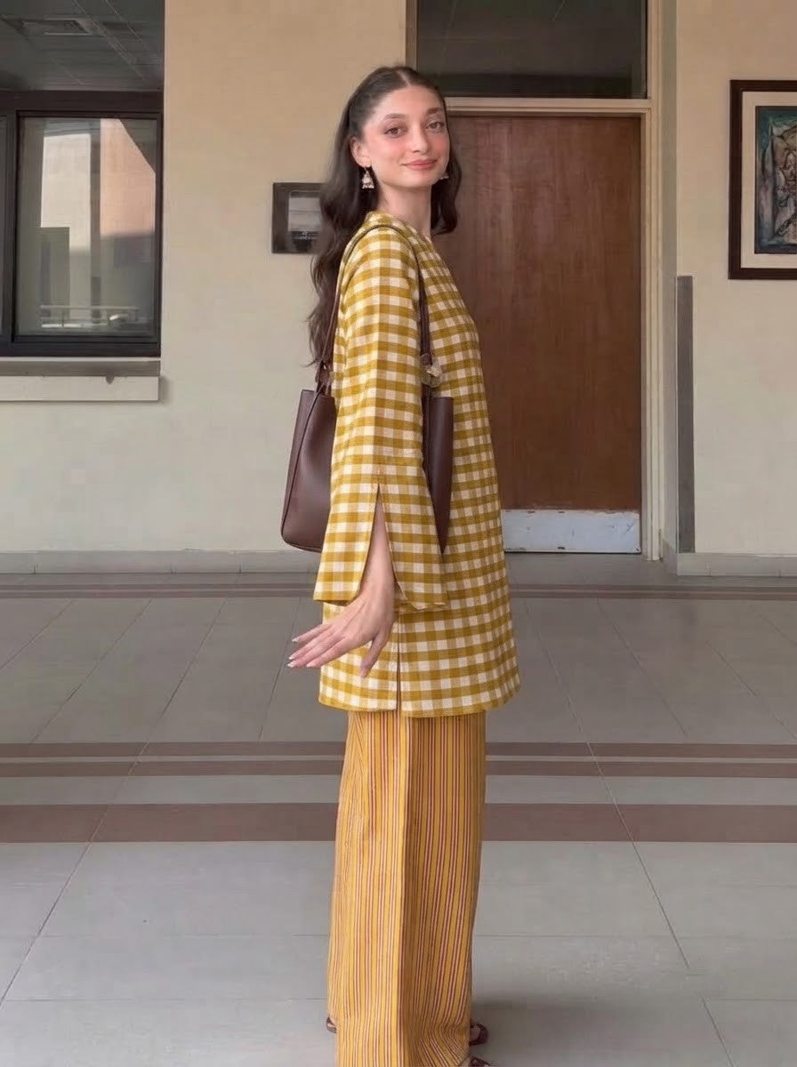 Mustard Gingham & Striped Premium Cotton Co-ord Set