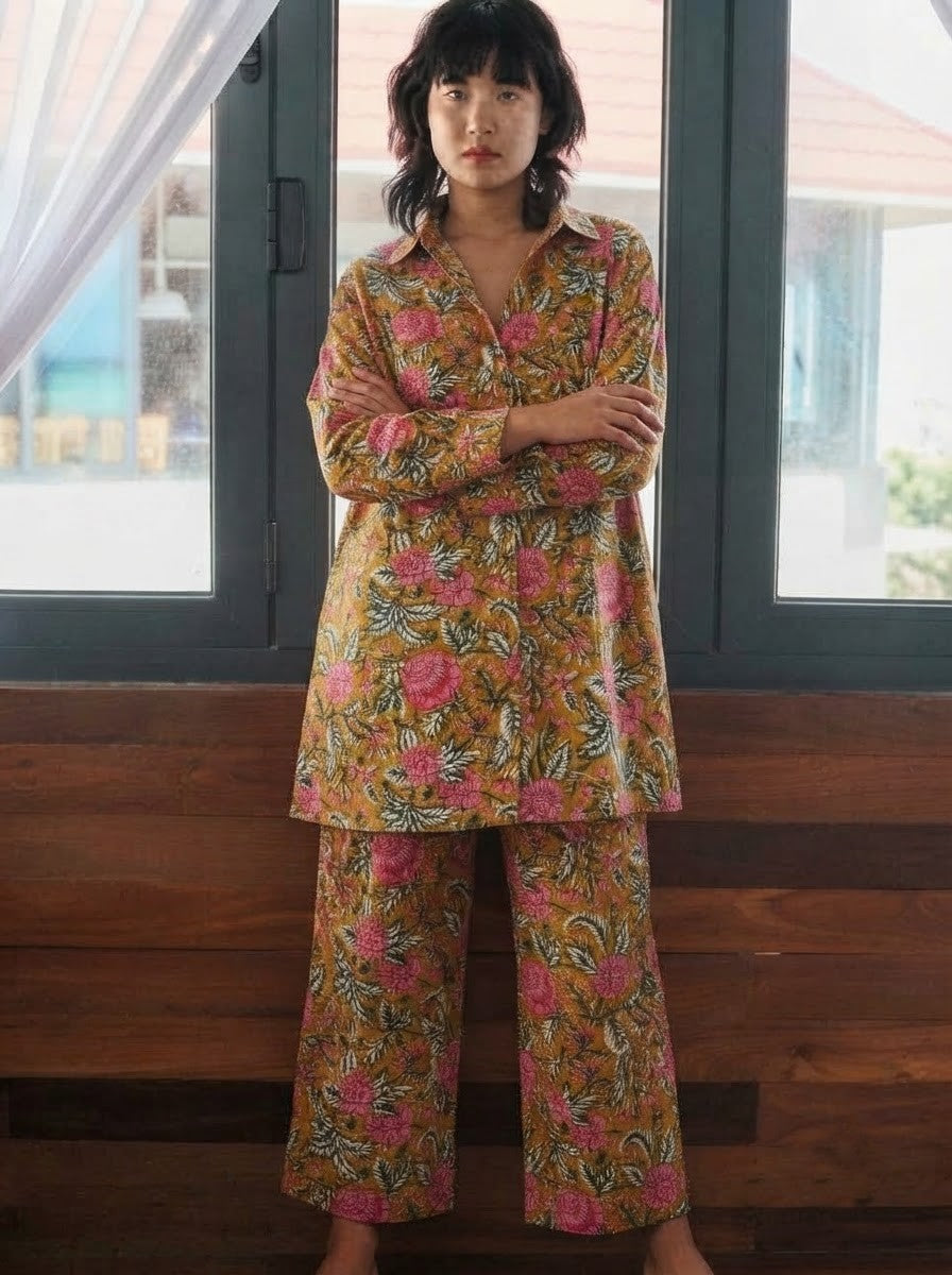 Mustard Floral Print Premium Cotton Co-ord Set