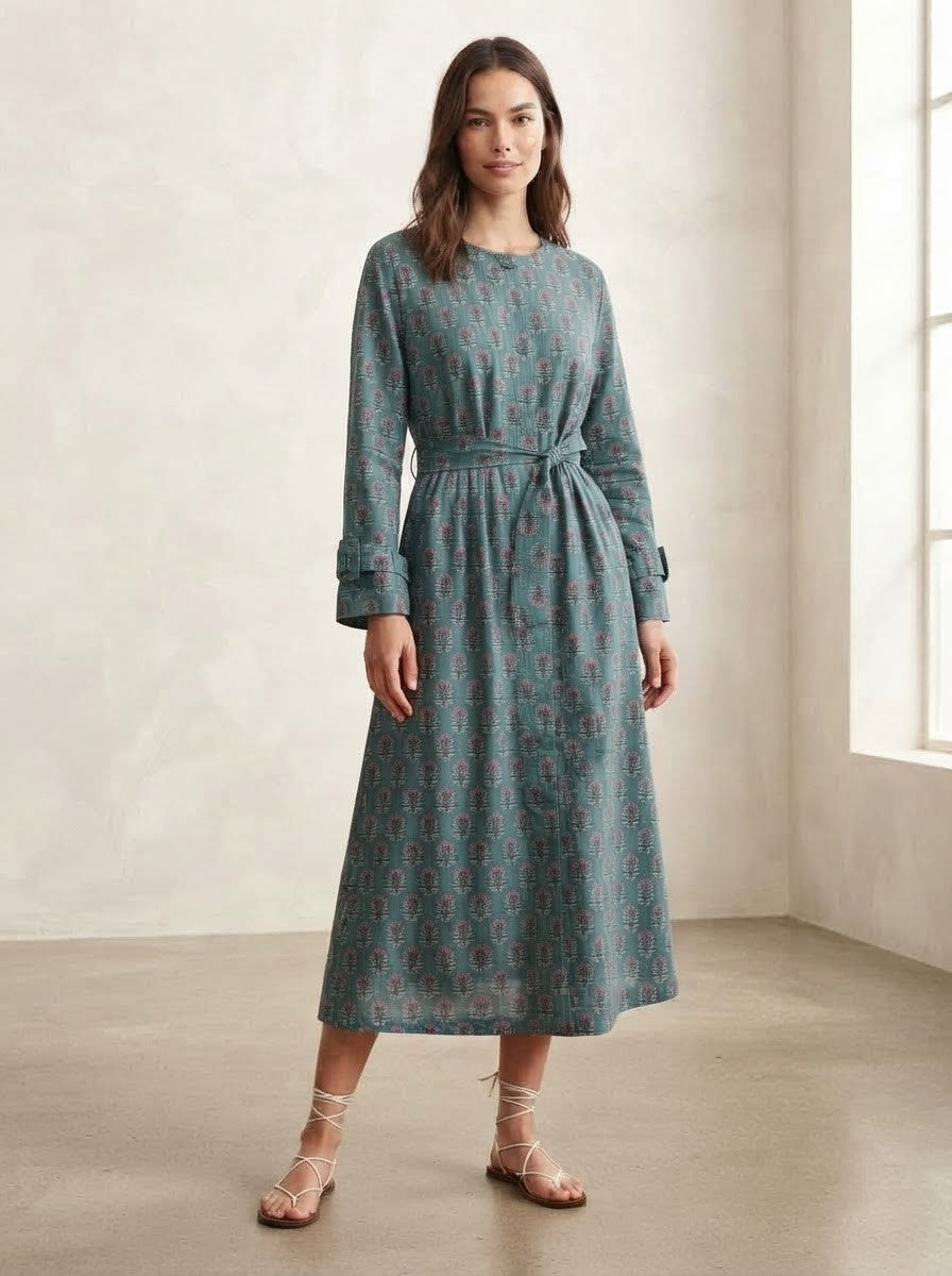Teal Floral Block Print Premium Cotton Belted Dress