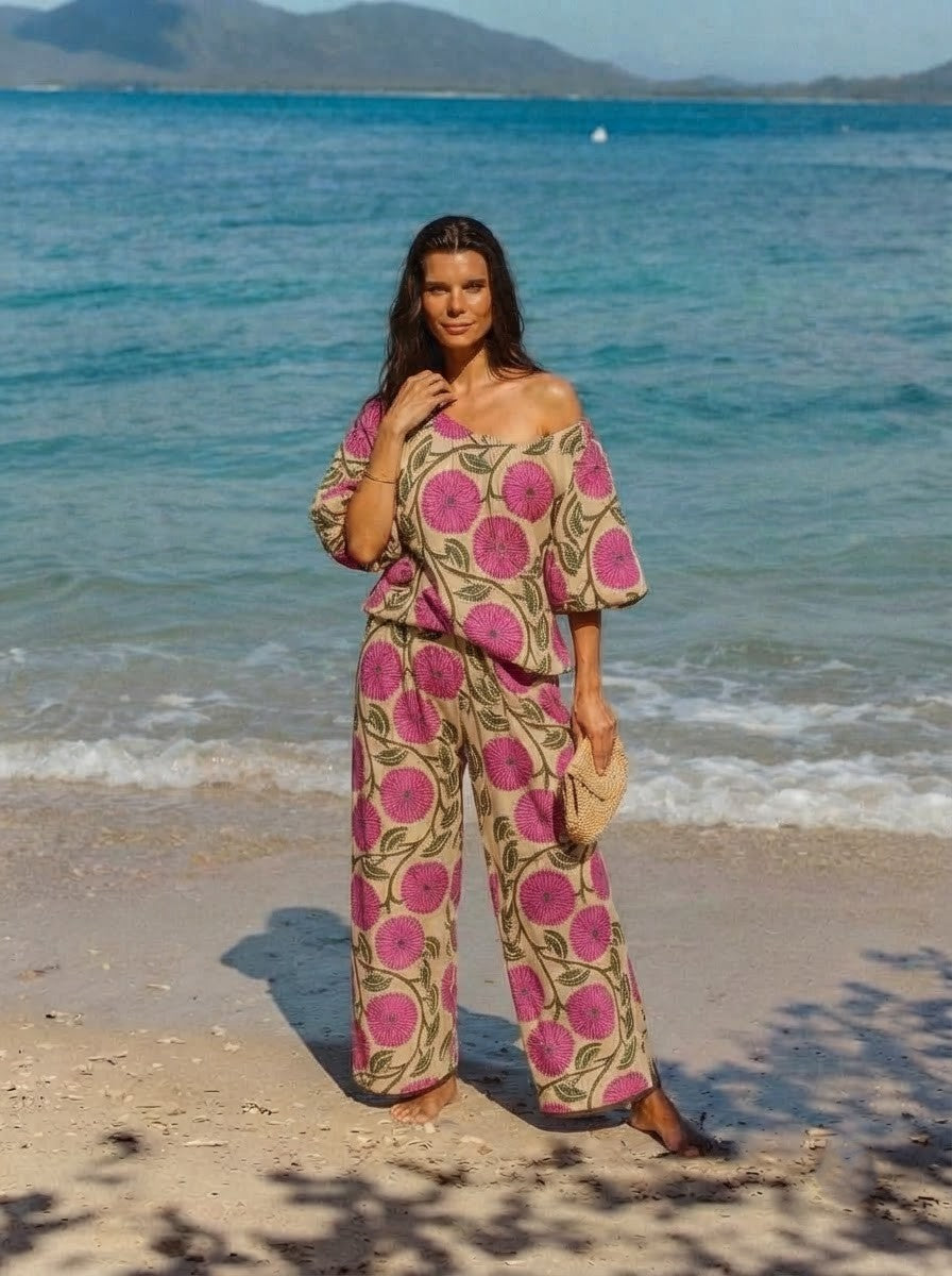 Beige & Pink Floral Premium Cotton Co-ord Set