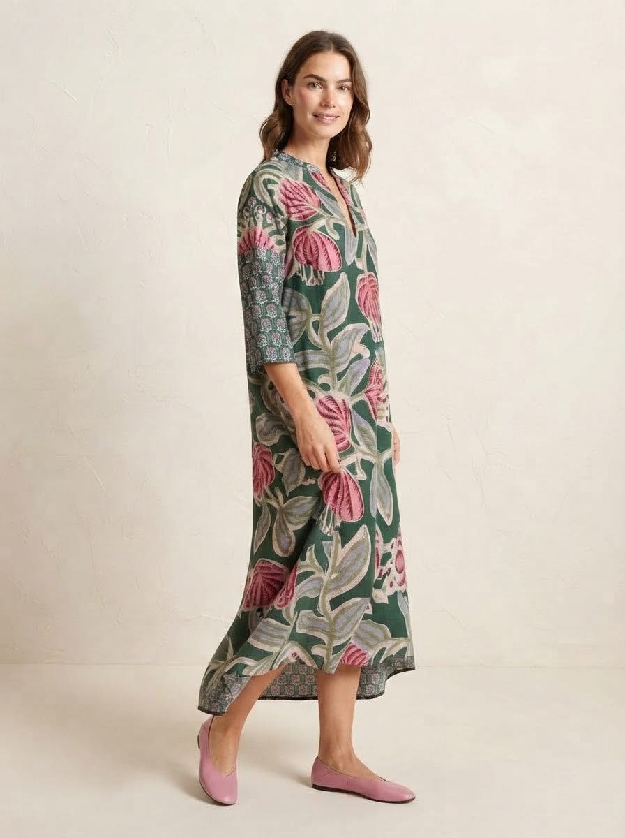 Emerald Green Botanical Print Premium Cotton Dress