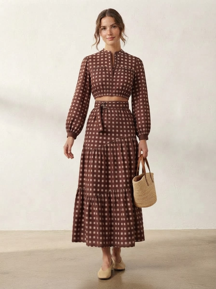 Maroon Checkered Premium Cotton Skirt Co-ord Set