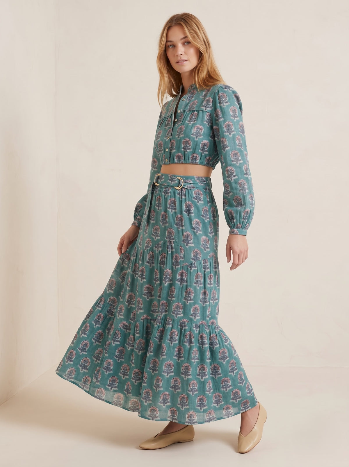Teal Blue Floral Printed Top & Skirt Set