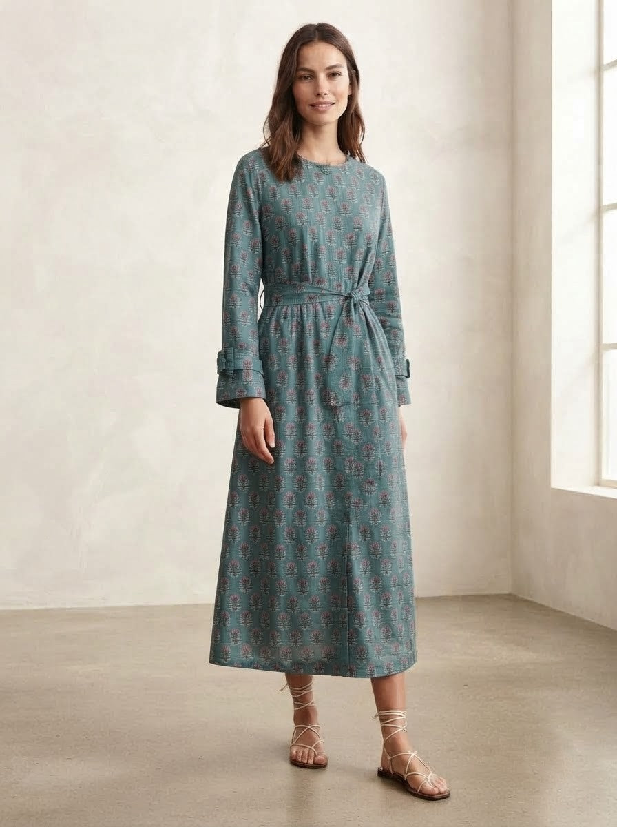 Teal Floral Block Print Premium Cotton Belted Dress